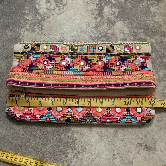 Star Mela Jui Large Neon Embroidered Studded Fold over Clutch Multicolor - Picture 3 of 12